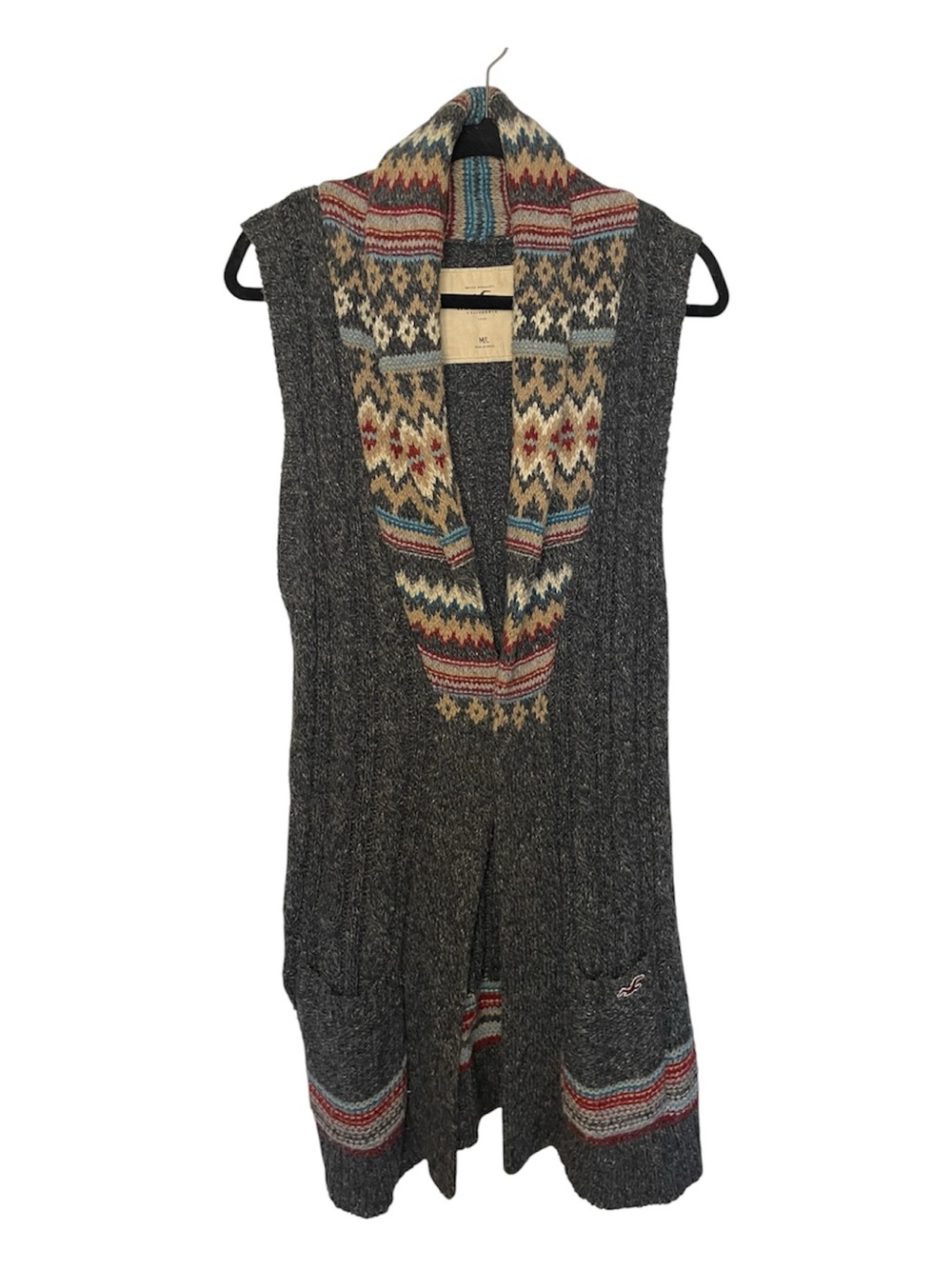 Hollister Women's Knit Long Vest Sweater Pockets Gray Wool Sleeveless Size M/L